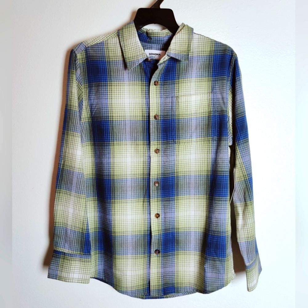 NWT Sonoma Boys' Blue/Green Plaid Button Down Shirt, Size S
